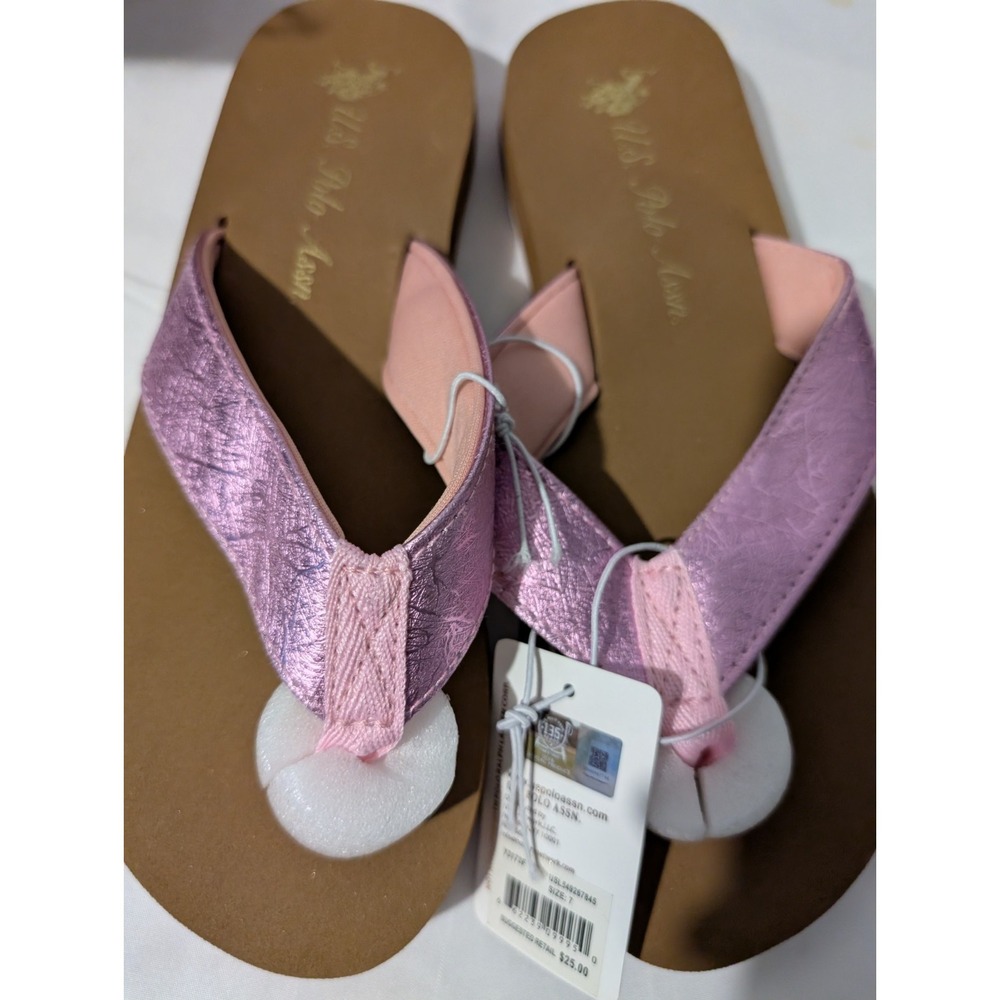 U.S. Polo Assn. Women's Pink Thong Slip-On Flat Sandals Synthetic Logo US 7